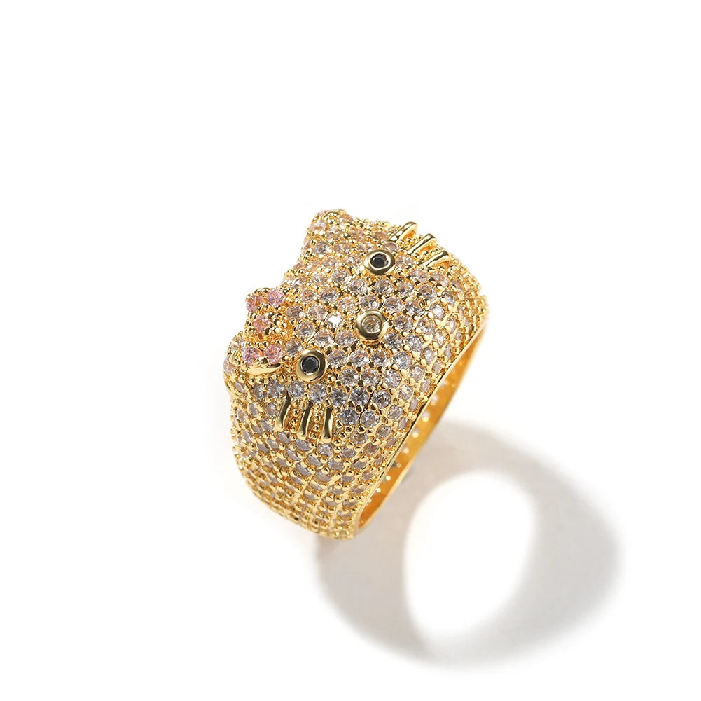 Cartoon HK Cat Rings with Cat Face Ring Women 18K Gold Plated Iced Out 5A CZ Y2K Cute Jewelry Girls Ring