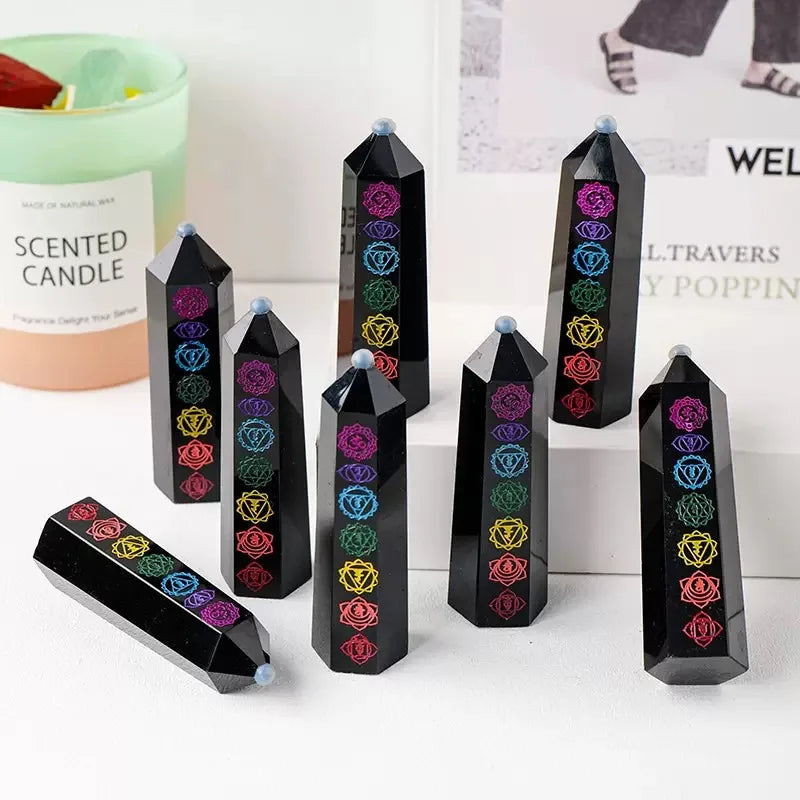 Chakra Tower Nature-Inspired Healing Obsidian Crystal Love Polished Spiritual Gift Engraved Points Wands