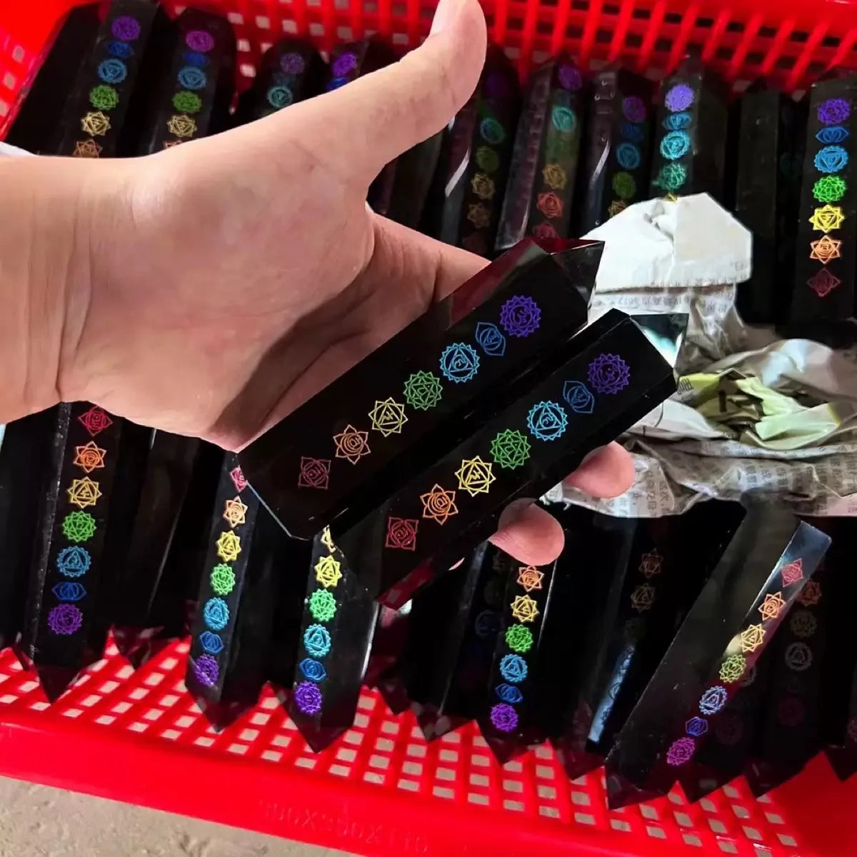 Chakra Tower Nature-Inspired Healing Obsidian Crystal Love Polished Spiritual Gift Engraved Points Wands