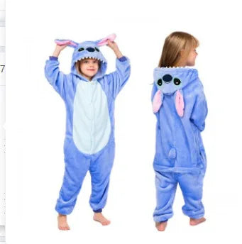 Memune Children's Unisex Velvet Cartoon Character Stitch Cosplay Pajamas Halloween Party Costumes Polyester Game-themed