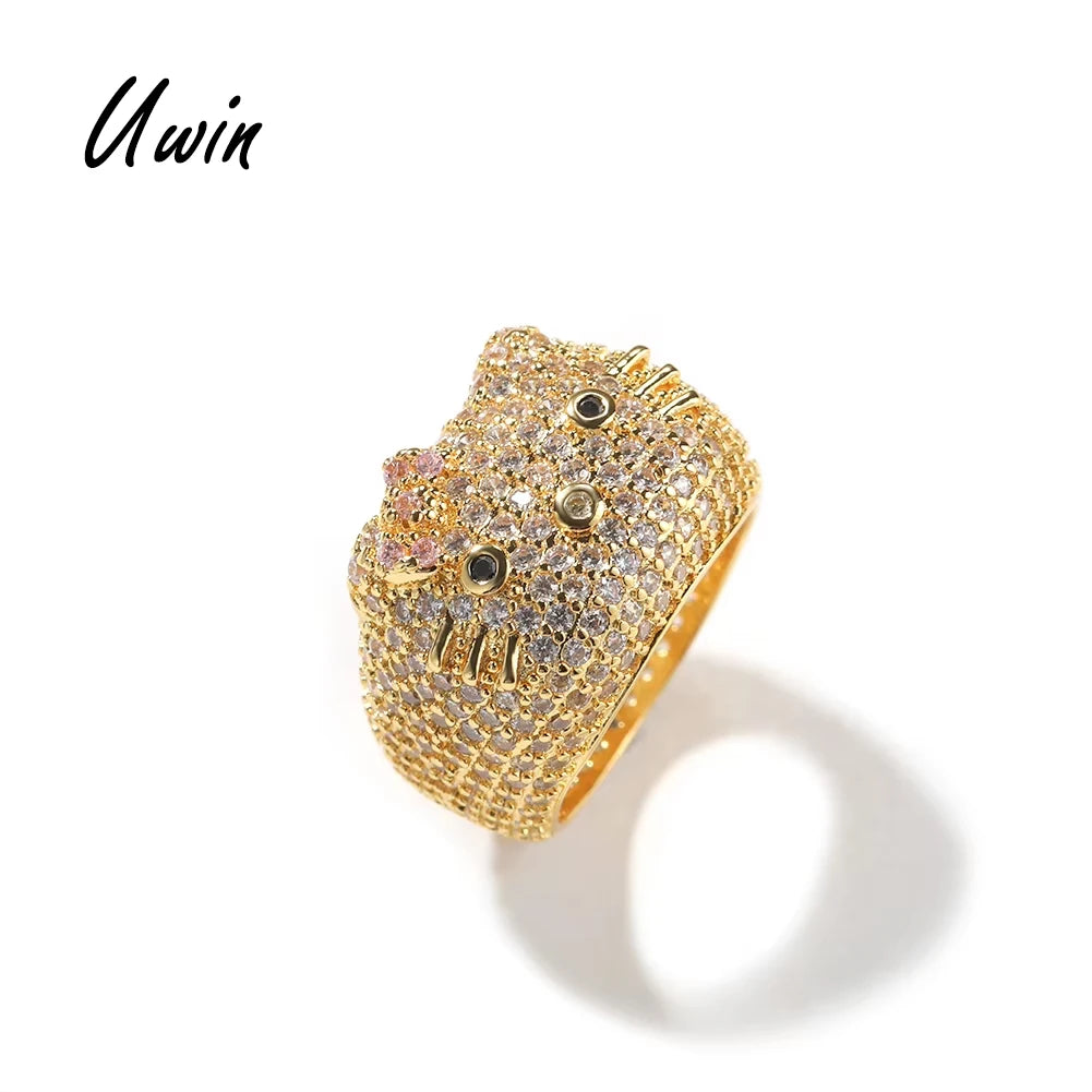 Cartoon HK Cat Rings with Cat Face Ring Women 18K Gold Plated Iced Out 5A CZ Y2K Cute Jewelry Girls Ring
