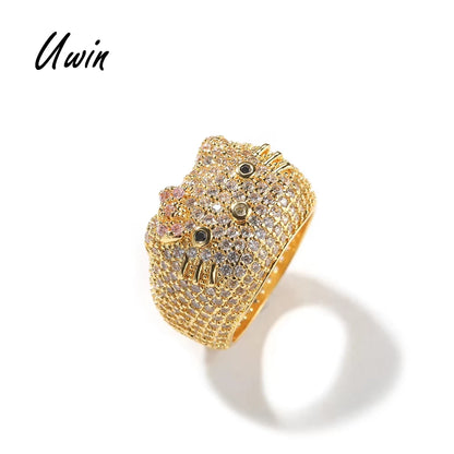 Cartoon HK Cat Rings with Cat Face Ring Women 18K Gold Plated Iced Out 5A CZ Y2K Cute Jewelry Girls Ring