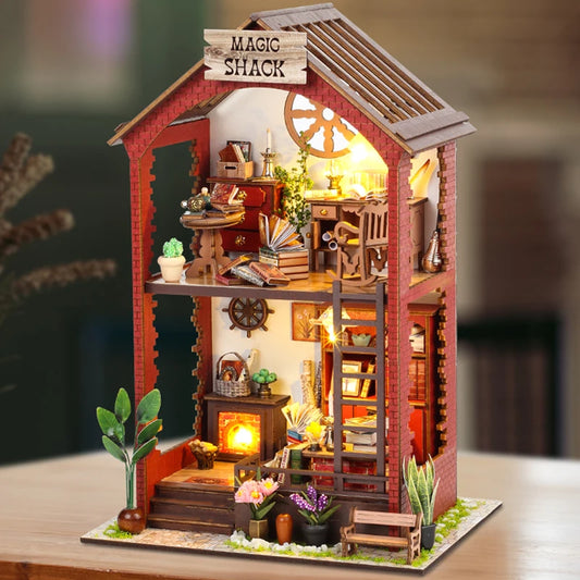 2026 NEW XS LED Light 3D Wooden Puzzle DIY Toy Magic Book Nook Library Kit Harry Doll House Miniatures Bookends Furniture