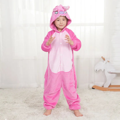 Memune Children's Unisex Velvet Cartoon Character Stitch Cosplay Pajamas Halloween Party Costumes Polyester Game-themed