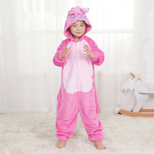 Memune Children's Unisex Velvet Cartoon Character Stitch Cosplay Pajamas Halloween Party Costumes Polyester Game-themed