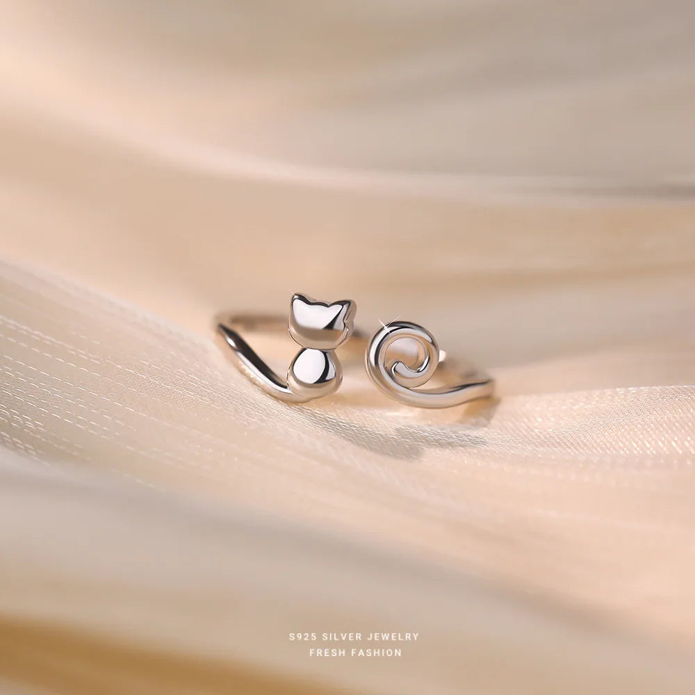 Minimalist Glittery Line Cat S925 Sterling Silver Finger Open Rings Fine Jewelry Gift for Girls XY-537