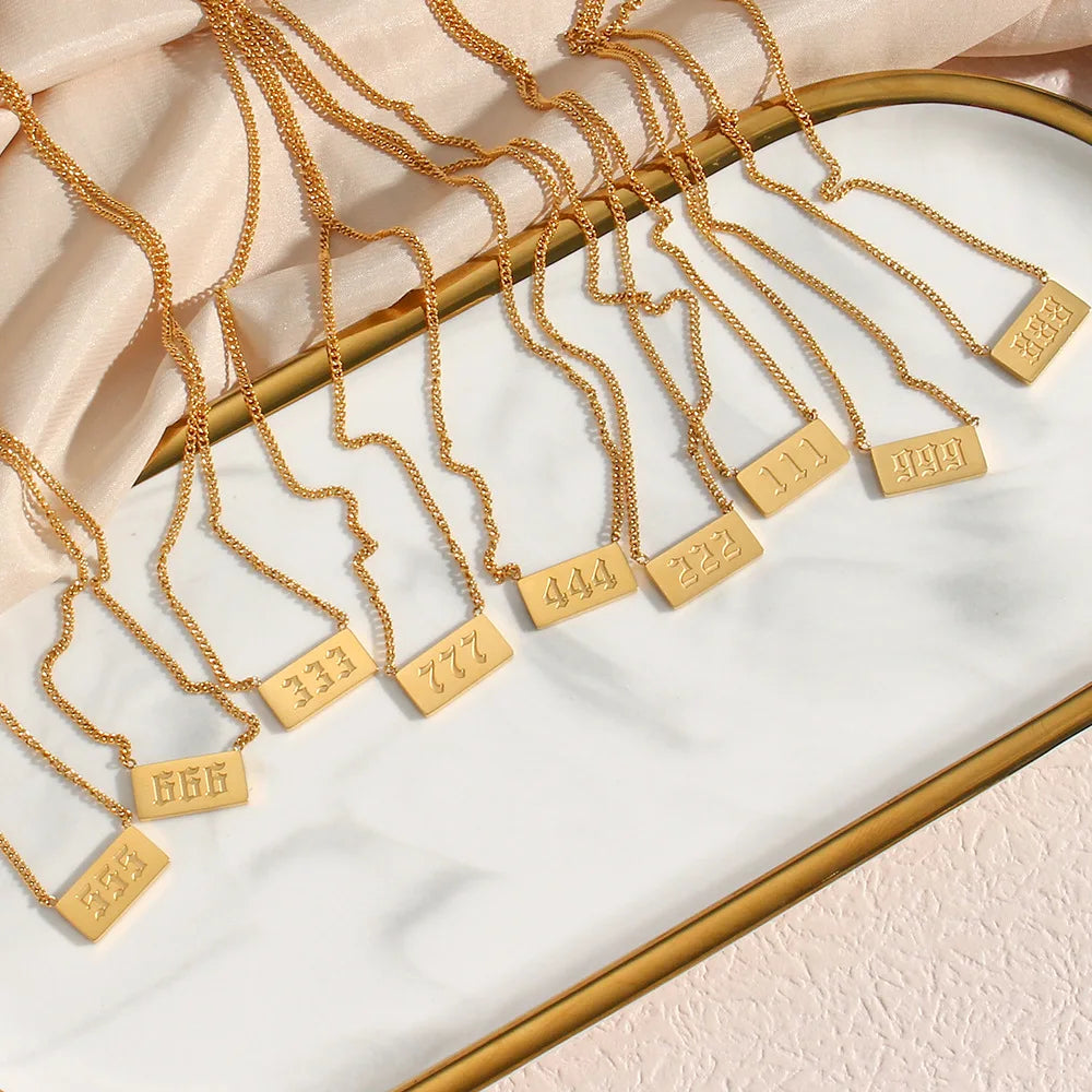 Summer Trendy 18K Gold Plated Waterproof Necklace Stainless Steel Link Chain with Angel Number 111 to 999