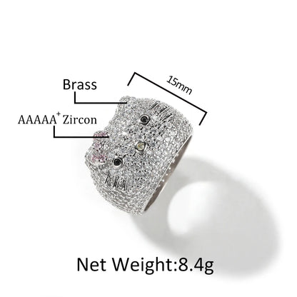 Cartoon HK Cat Rings with Cat Face Ring Women 18K Gold Plated Iced Out 5A CZ Y2K Cute Jewelry Girls Ring