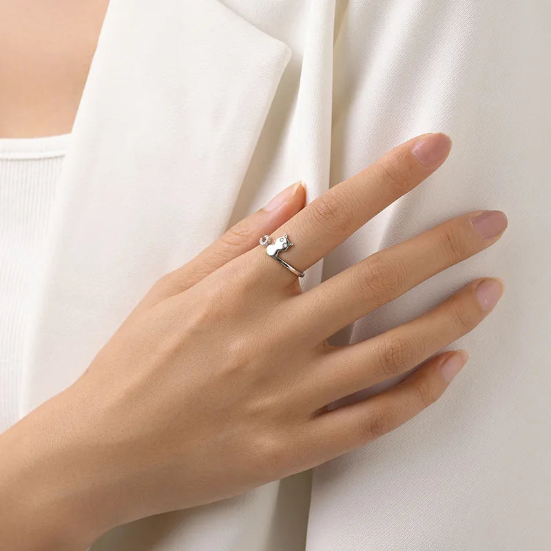 Sweet Cute Animal Cat S925 Sterling Silver Adjustable Ring for Female