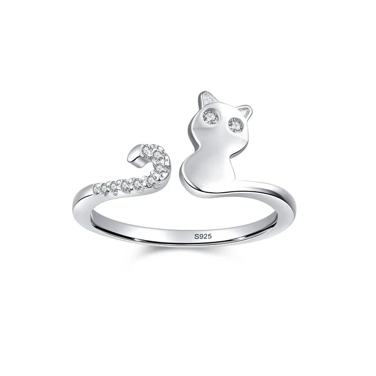 Sweet Cute Animal Cat S925 Sterling Silver Adjustable Ring for Female