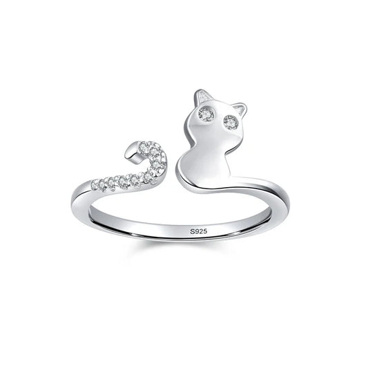 Sweet Cute Animal Cat S925 Sterling Silver Adjustable Ring for Female