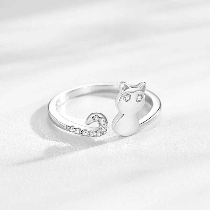 Sweet Cute Animal Cat S925 Sterling Silver Adjustable Ring for Female