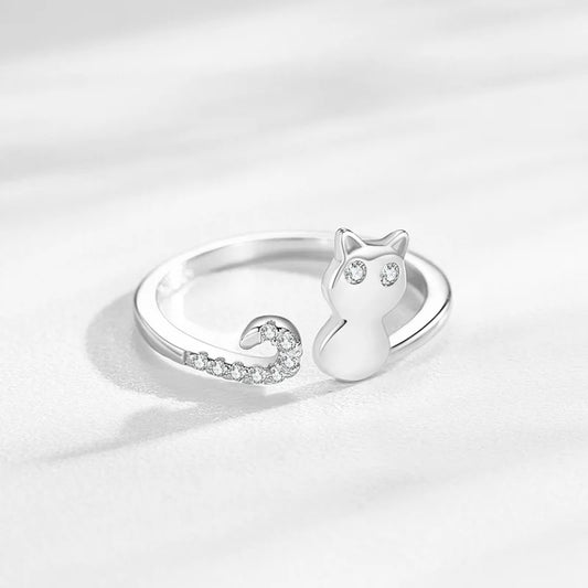 Sweet Cute Animal Cat S925 Sterling Silver Adjustable Ring for Female
