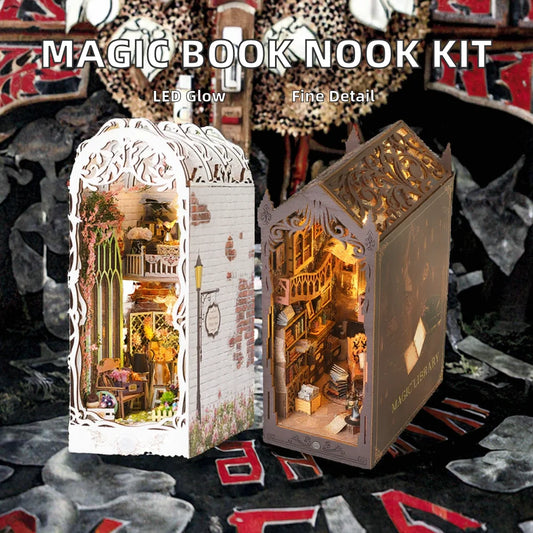 2026 NEW XS LED Light 3D Wooden Puzzle DIY Toy Magic Book Nook Library Kit Harry Doll House Miniatures Bookends Furniture