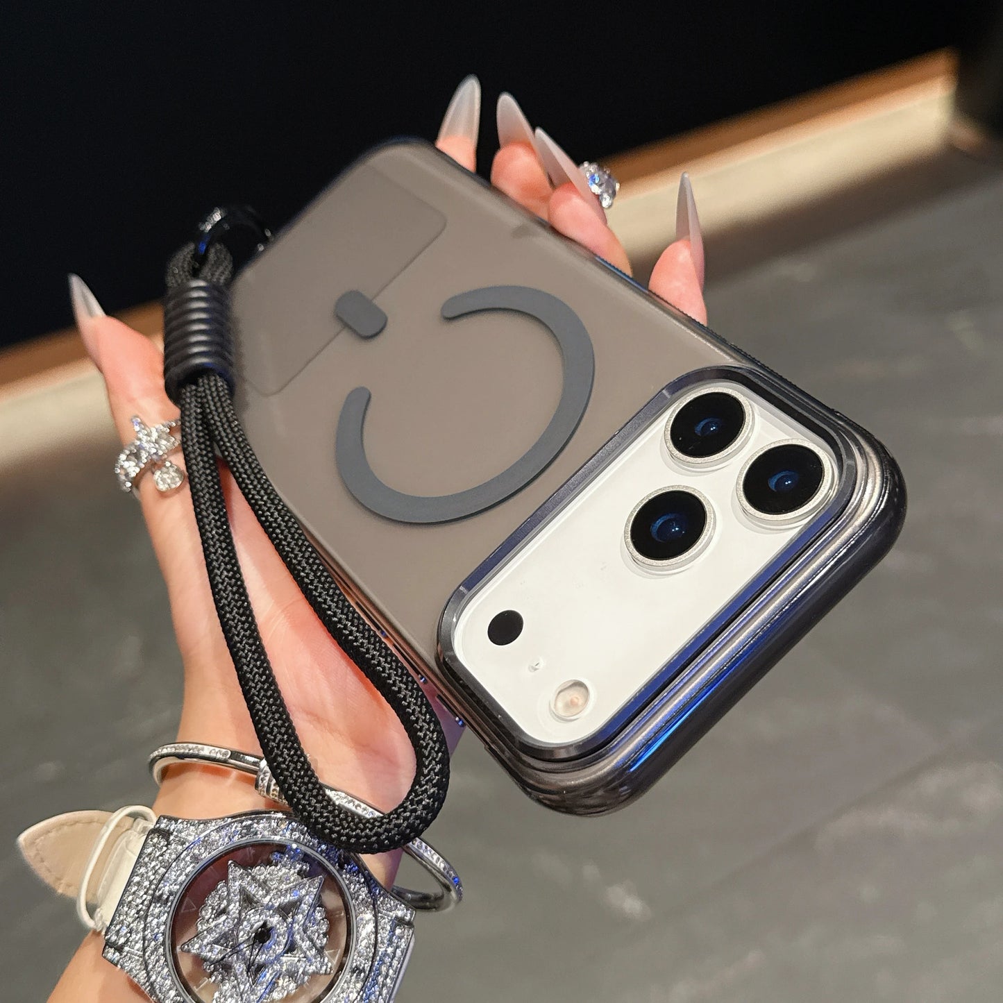 High Transparency and Strong Magnetic Colorful Phone Case with Strap for iPhone 15 16 17 Pro Max PC+TPU Phone Case