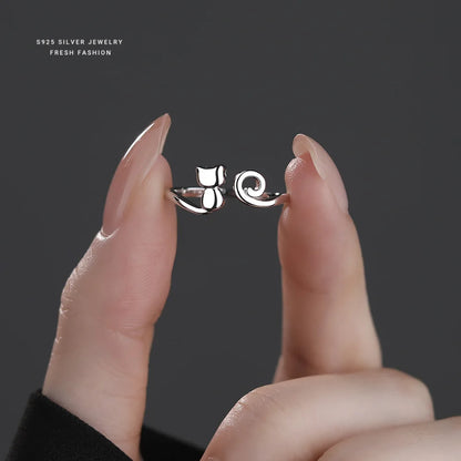 Minimalist Glittery Line Cat S925 Sterling Silver Finger Open Rings Fine Jewelry Gift for Girls XY-537