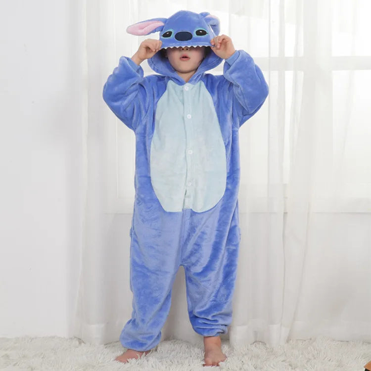 Memune Children's Unisex Velvet Cartoon Character Stitch Cosplay Pajamas Halloween Party Costumes Polyester Game-themed