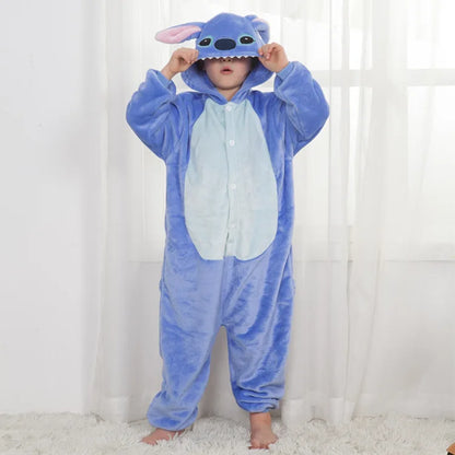 Memune Children's Unisex Velvet Cartoon Character Stitch Cosplay Pajamas Halloween Party Costumes Polyester Game-themed