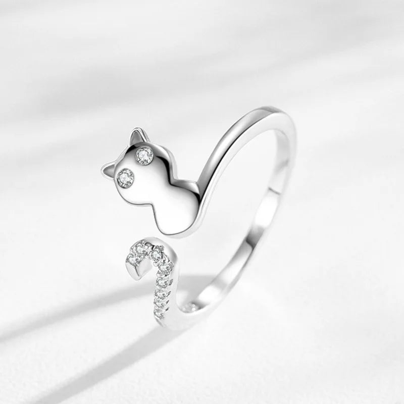 Sweet Cute Animal Cat S925 Sterling Silver Adjustable Ring for Female