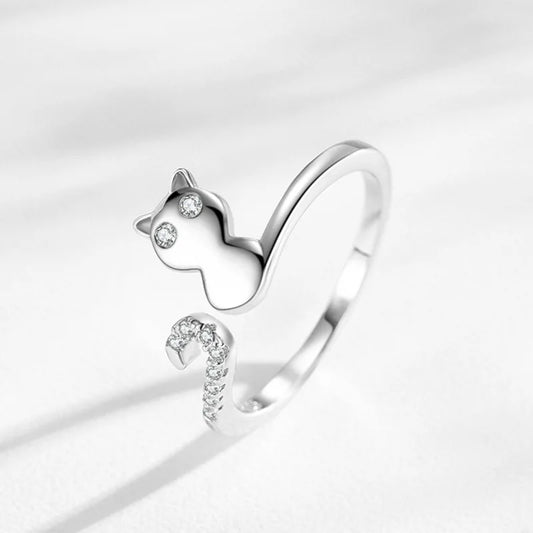 Sweet Cute Animal Cat S925 Sterling Silver Adjustable Ring for Female