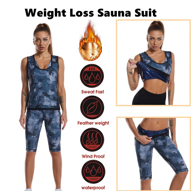 2026Camo Print Women Sauna Sweat Suit Body Shaper Slimming Vest and Pants Loss Weight Polymer Waist Trainer Sauna Suit