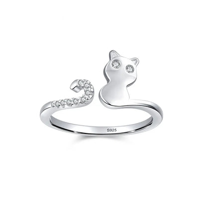Sweet Cute Animal Cat S925 Sterling Silver Adjustable Ring for Female