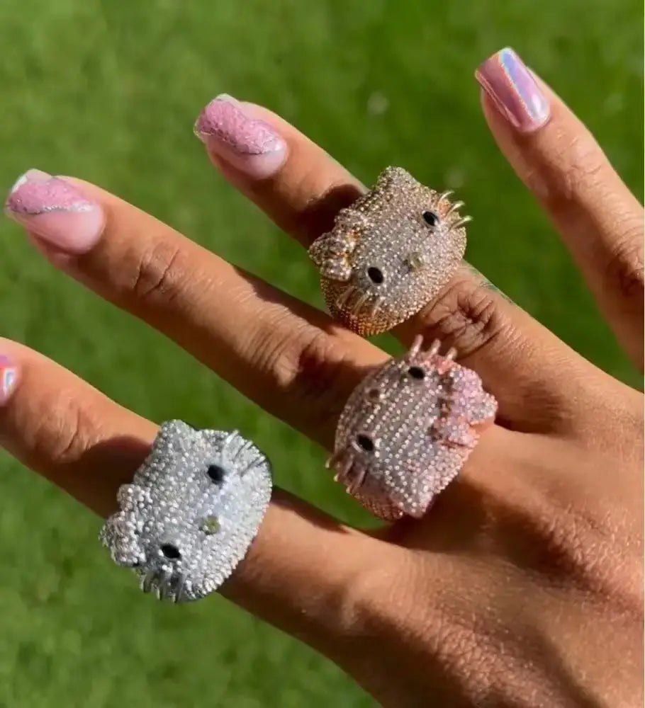 Cartoon HK Cat Rings with Cat Face Ring Women 18K Gold Plated Iced Out 5A CZ Y2K Cute Jewelry Girls Ring
