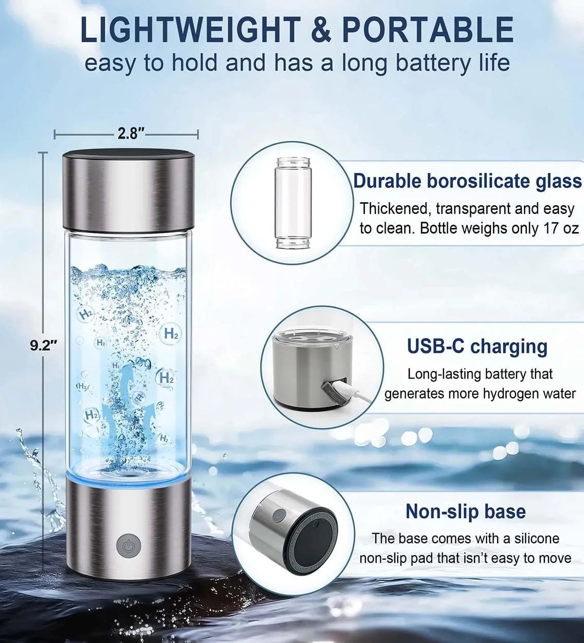 PUREFLOW SPE PEM 460ml 1500PPB USB Rechargeable Glass Hydrogen Water Bottle 3-in-1 Portable Inhaler for Household Outdoor Use