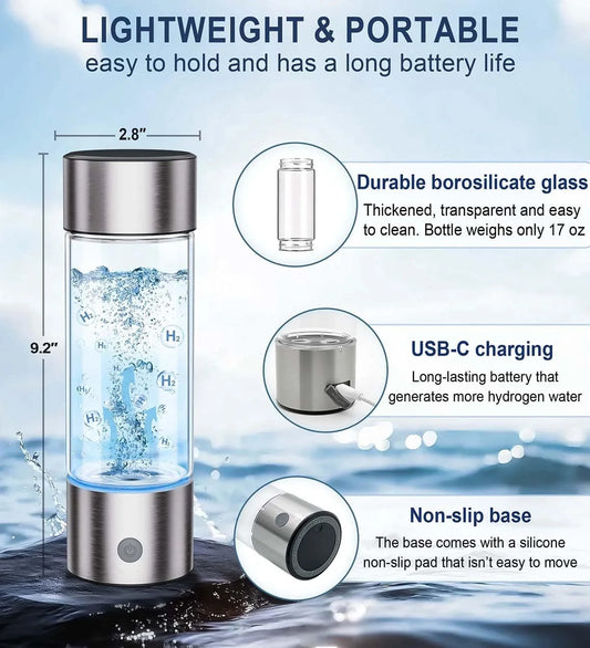 PUREFLOW SPE PEM 460ml 1500PPB USB Rechargeable Glass Hydrogen Water Bottle 3-in-1 Portable Inhaler for Household Outdoor Use