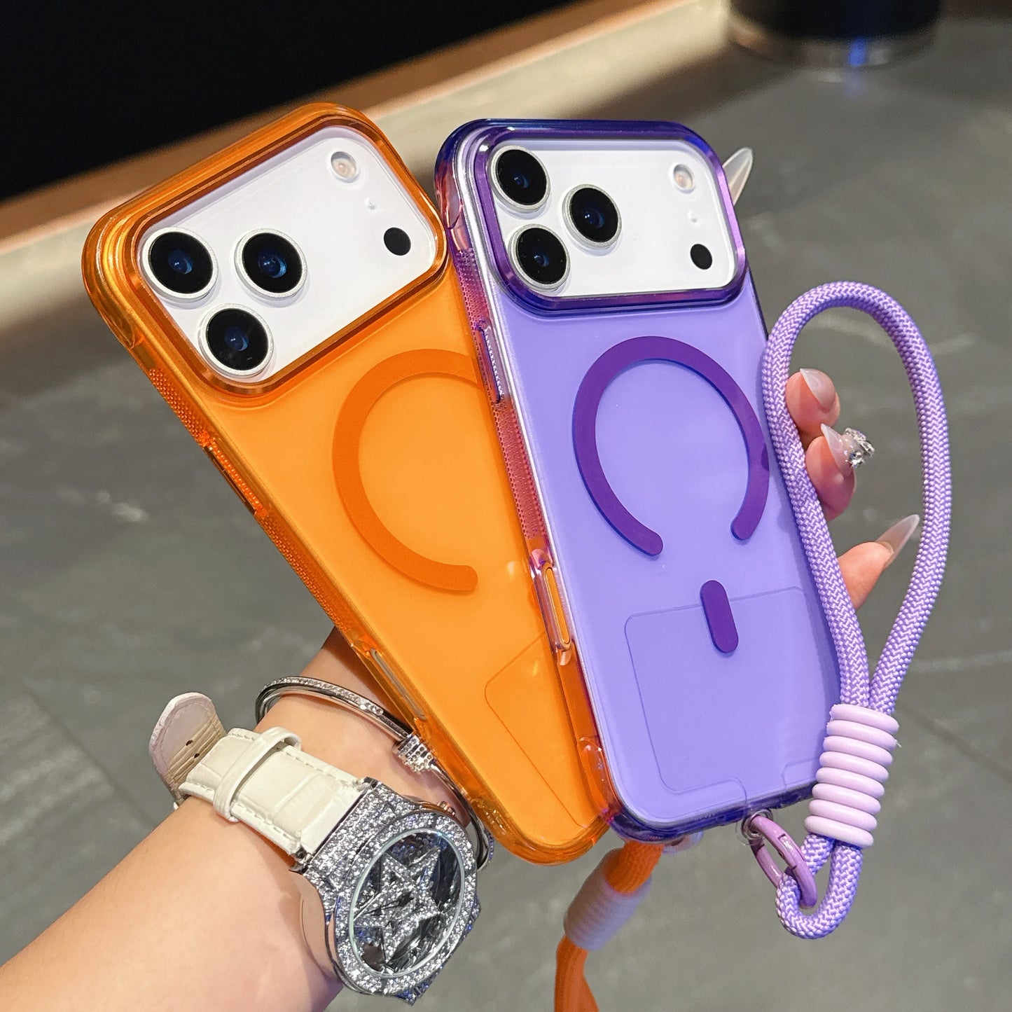 High Transparency and Strong Magnetic Colorful Phone Case with Strap for iPhone 15 16 17 Pro Max PC+TPU Phone Case
