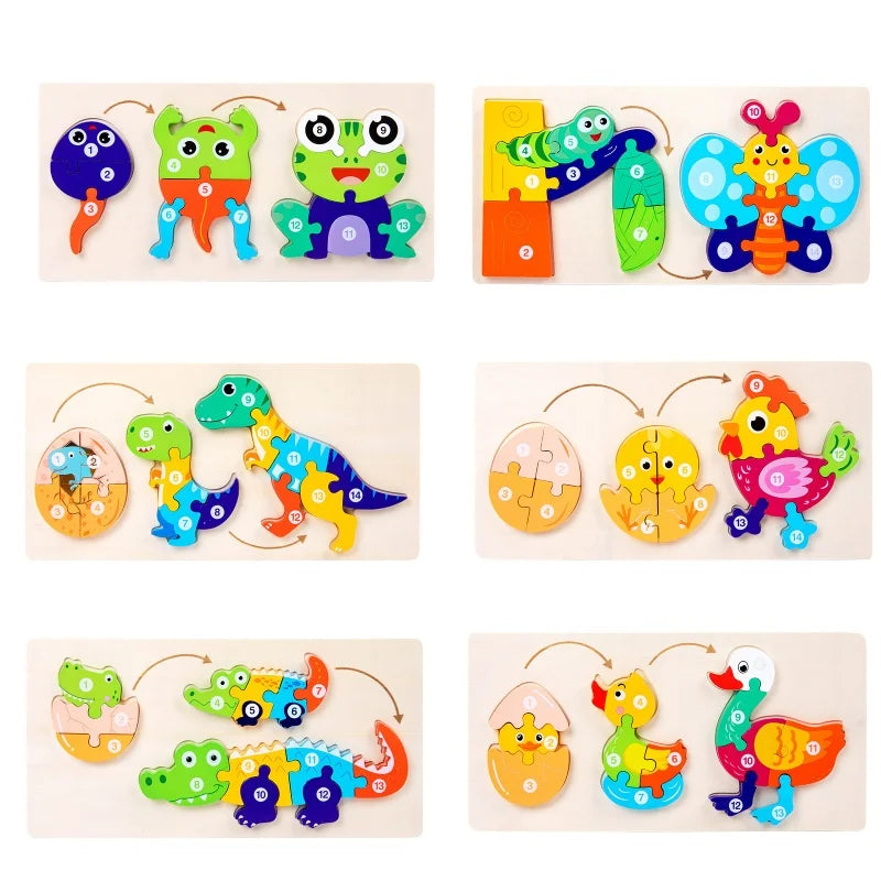 Wooden 3D Animal Dinosaur Frog Chick Growth Jigsaw Puzzle Montessori Cognitive Enlightenment Educational Learning Toys for Kids