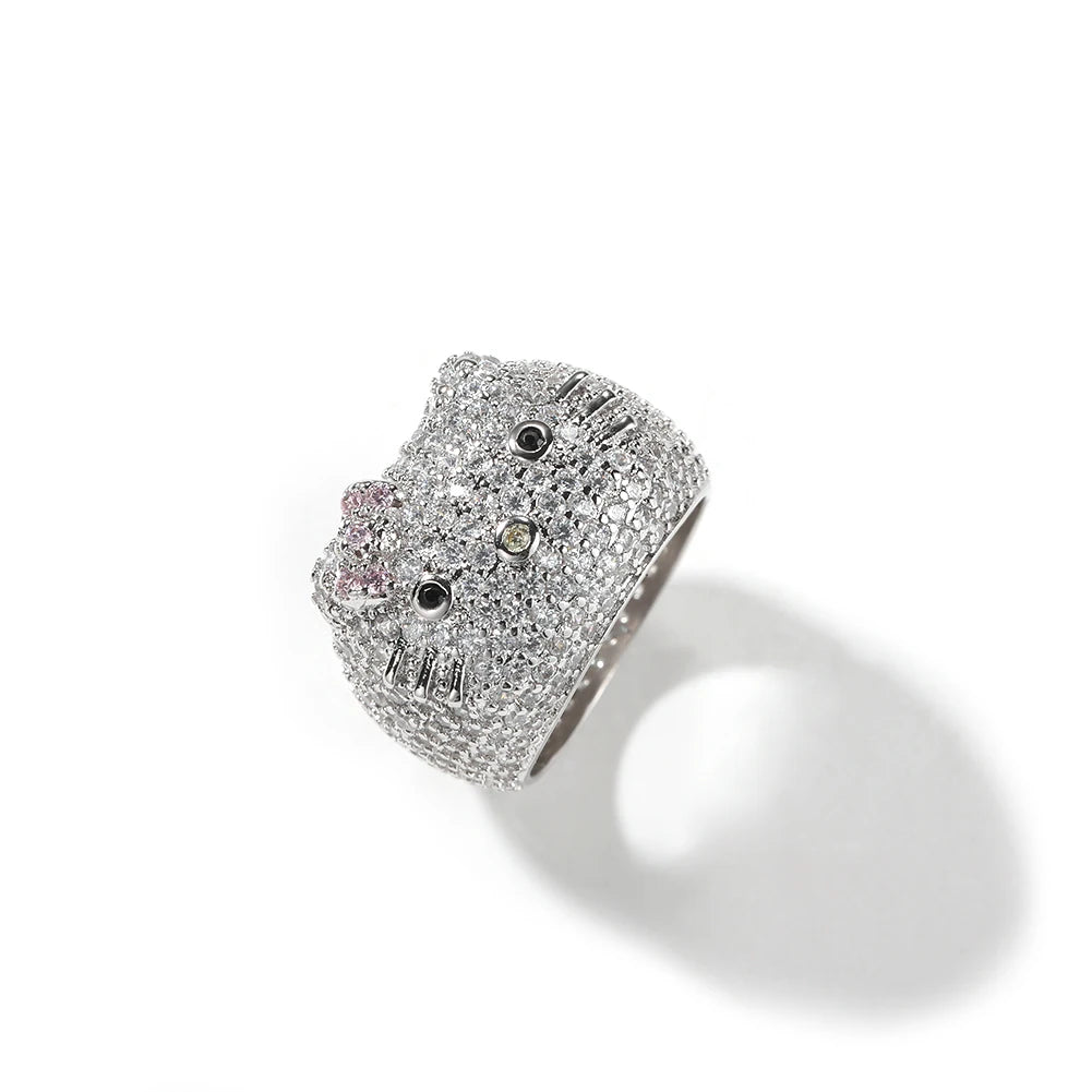 Cartoon HK Cat Rings with Cat Face Ring Women 18K Gold Plated Iced Out 5A CZ Y2K Cute Jewelry Girls Ring