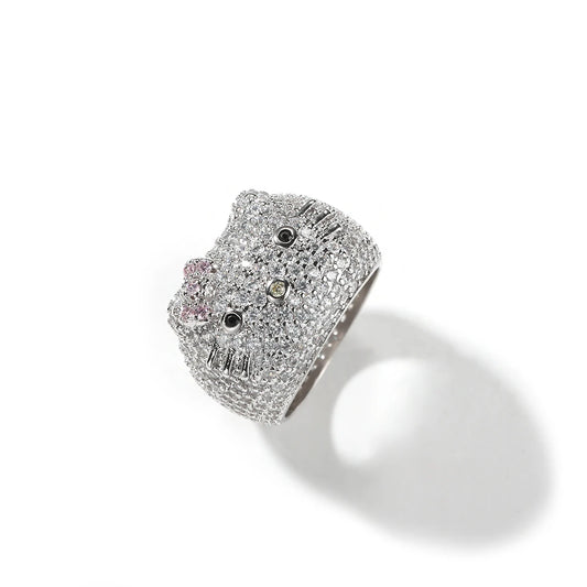 Cartoon HK Cat Rings with Cat Face Ring Women 18K Gold Plated Iced Out 5A CZ Y2K Cute Jewelry Girls Ring