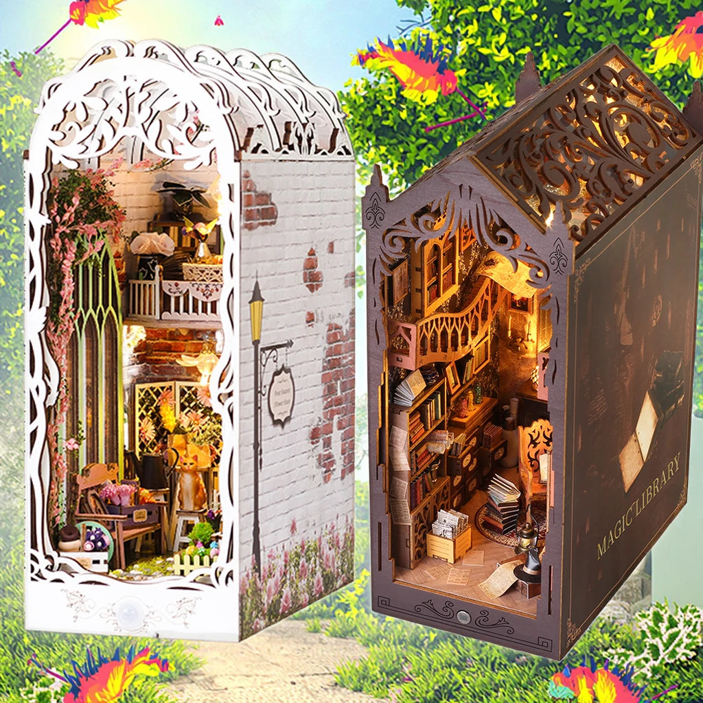 2026 NEW XS LED Light 3D Wooden Puzzle DIY Toy Magic Book Nook Library Kit Harry Doll House Miniatures Bookends Furniture