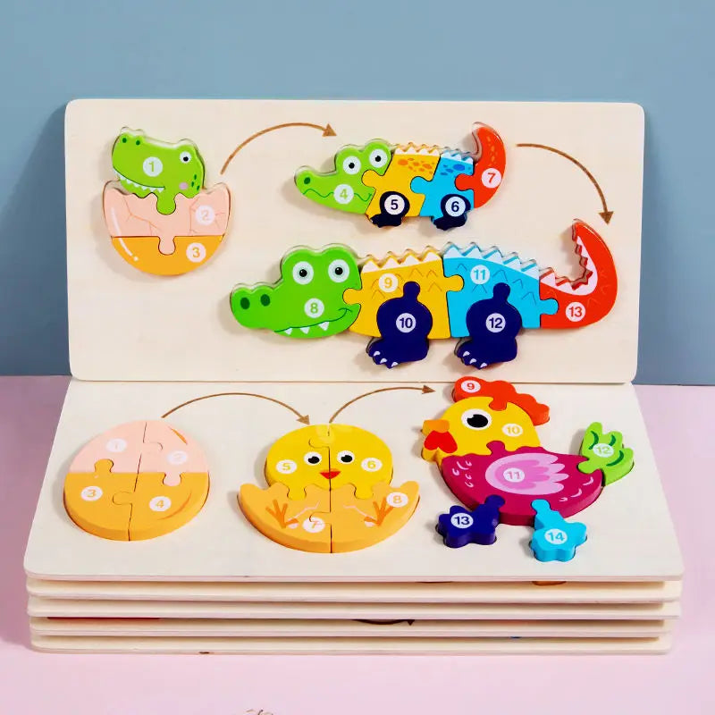 Wooden 3D Animal Dinosaur Frog Chick Growth Jigsaw Puzzle Montessori Cognitive Enlightenment Educational Learning Toys for Kids