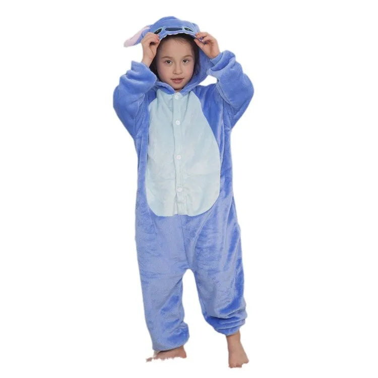 Memune Children's Unisex Velvet Cartoon Character Stitch Cosplay Pajamas Halloween Party Costumes Polyester Game-themed