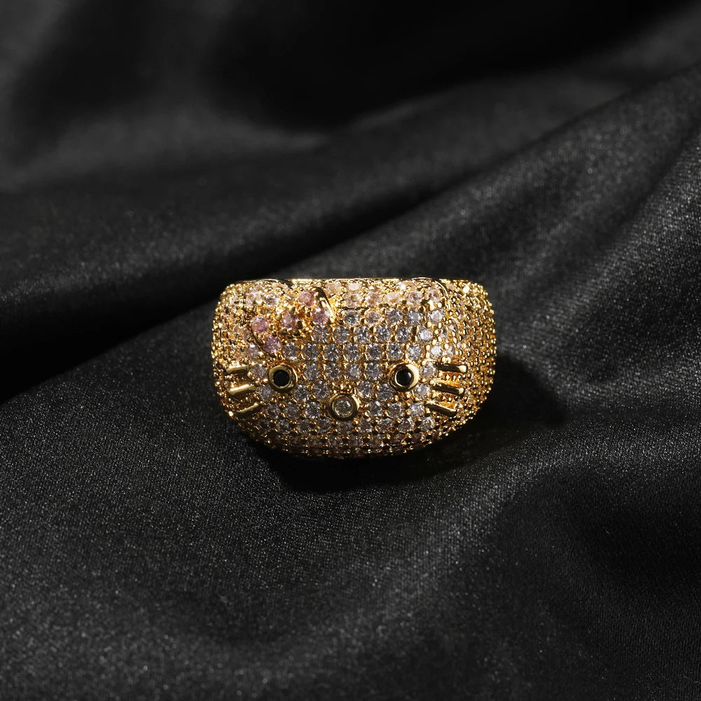 Cartoon HK Cat Rings with Cat Face Ring Women 18K Gold Plated Iced Out 5A CZ Y2K Cute Jewelry Girls Ring