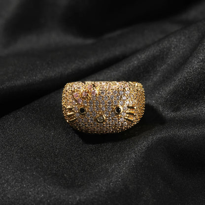 Cartoon HK Cat Rings with Cat Face Ring Women 18K Gold Plated Iced Out 5A CZ Y2K Cute Jewelry Girls Ring