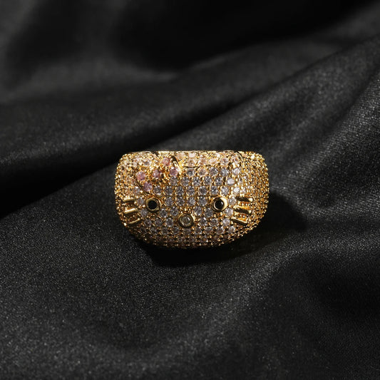 Cartoon HK Cat Rings with Cat Face Ring Women 18K Gold Plated Iced Out 5A CZ Y2K Cute Jewelry Girls Ring