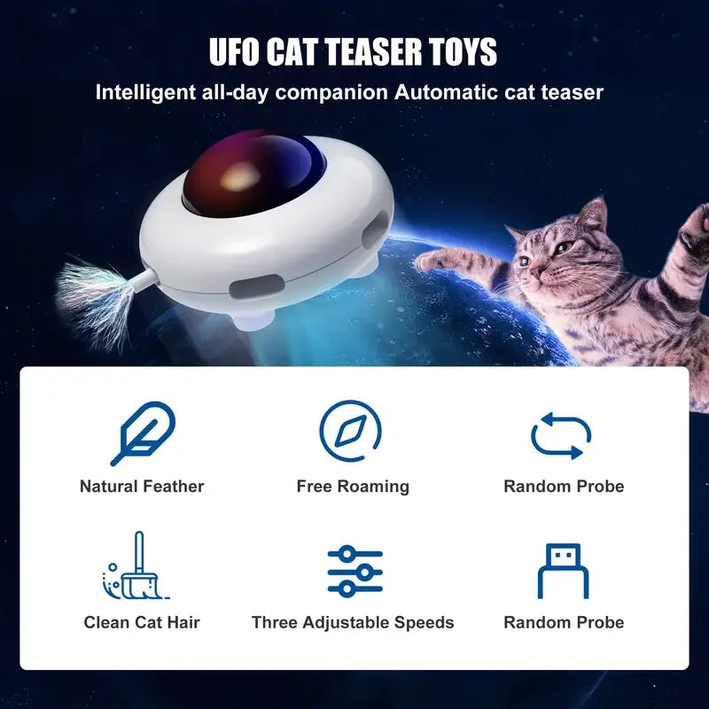 UFO Electric Automatic Interactive Plastic Cat Toy with Feather Teaser for Cats & Kittens-Intelligent Self-Operating
