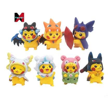 7 PCS Pokemoned Costume Pikachu Cute Cartoon Car Decor Claw Machine Figure Set Collectible
