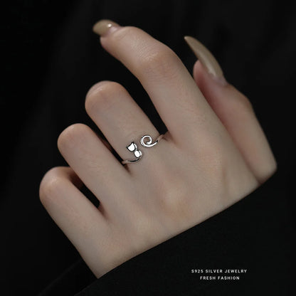 Minimalist Glittery Line Cat S925 Sterling Silver Finger Open Rings Fine Jewelry Gift for Girls XY-537