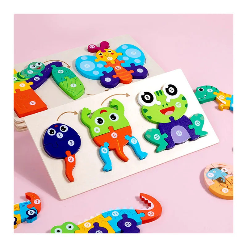 Wooden 3D Animal Dinosaur Frog Chick Growth Jigsaw Puzzle Montessori Cognitive Enlightenment Educational Learning Toys for Kids
