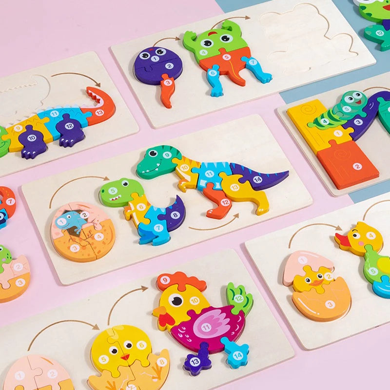 Wooden 3D Animal Dinosaur Frog Chick Growth Jigsaw Puzzle Montessori Cognitive Enlightenment Educational Learning Toys for Kids